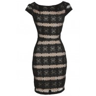 Night Falls Black and Nude Banded Lace Cap Sleeve Dress